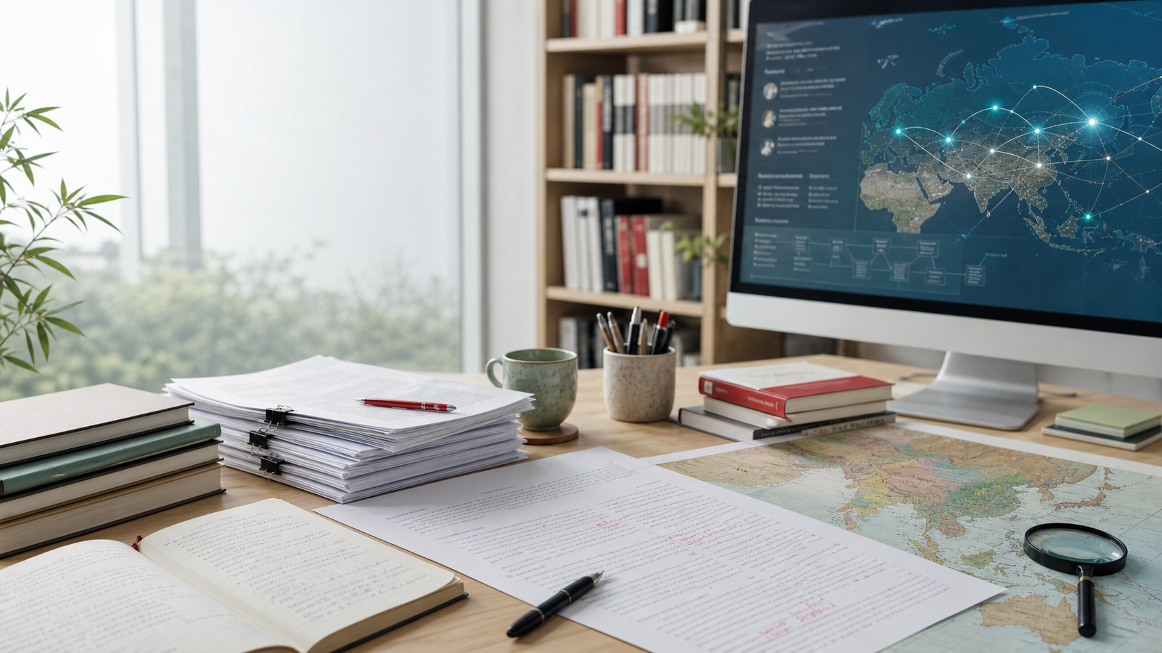 Editorial desk with manuscripts and research materials